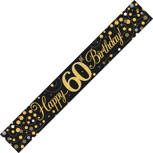 Age 60 Banner Sparkling Fizz 60th Birthday Black & Gold Holographic Happy Birthday Banner – Black & Gold Sparkling Fizz Holographic Foil Party Decoration for Birthday Celebrations