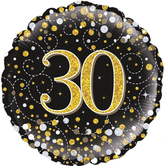 Age 30 30th Sparkling Fizz Birthday Black & Gold Foil Holographic Balloon