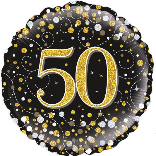 Age 50 50th Sparkling Fizz Birthday Black & Gold Foil Holographic Balloon