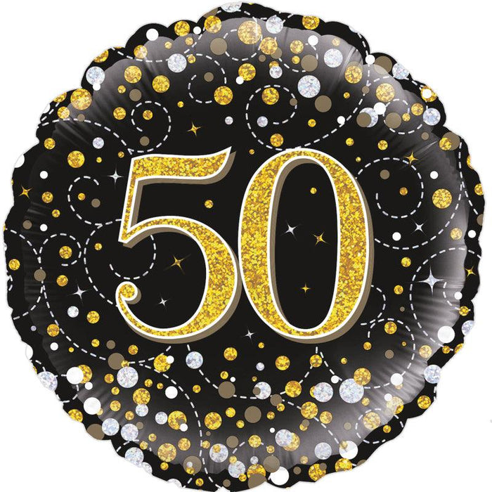 Age 50 50th Sparkling Fizz Birthday Black & Gold Foil Holographic Balloon