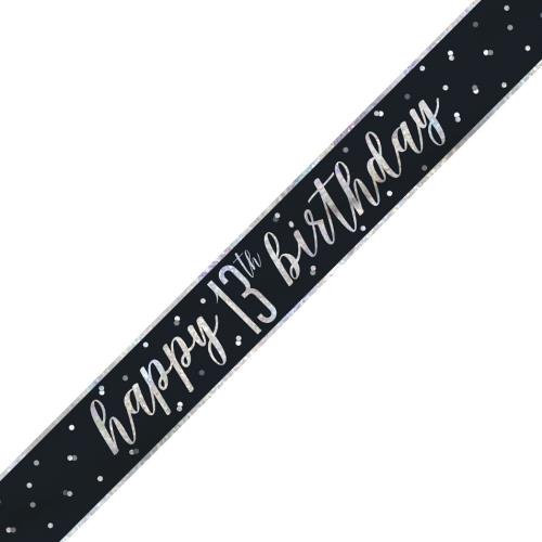 Age 13 Black & Silver Foil Banner Happy 13th Birthday Happy Birthday Banner – Black & Silver Prismatic Foil Birthday Party Decoration for Birthday Celebrations