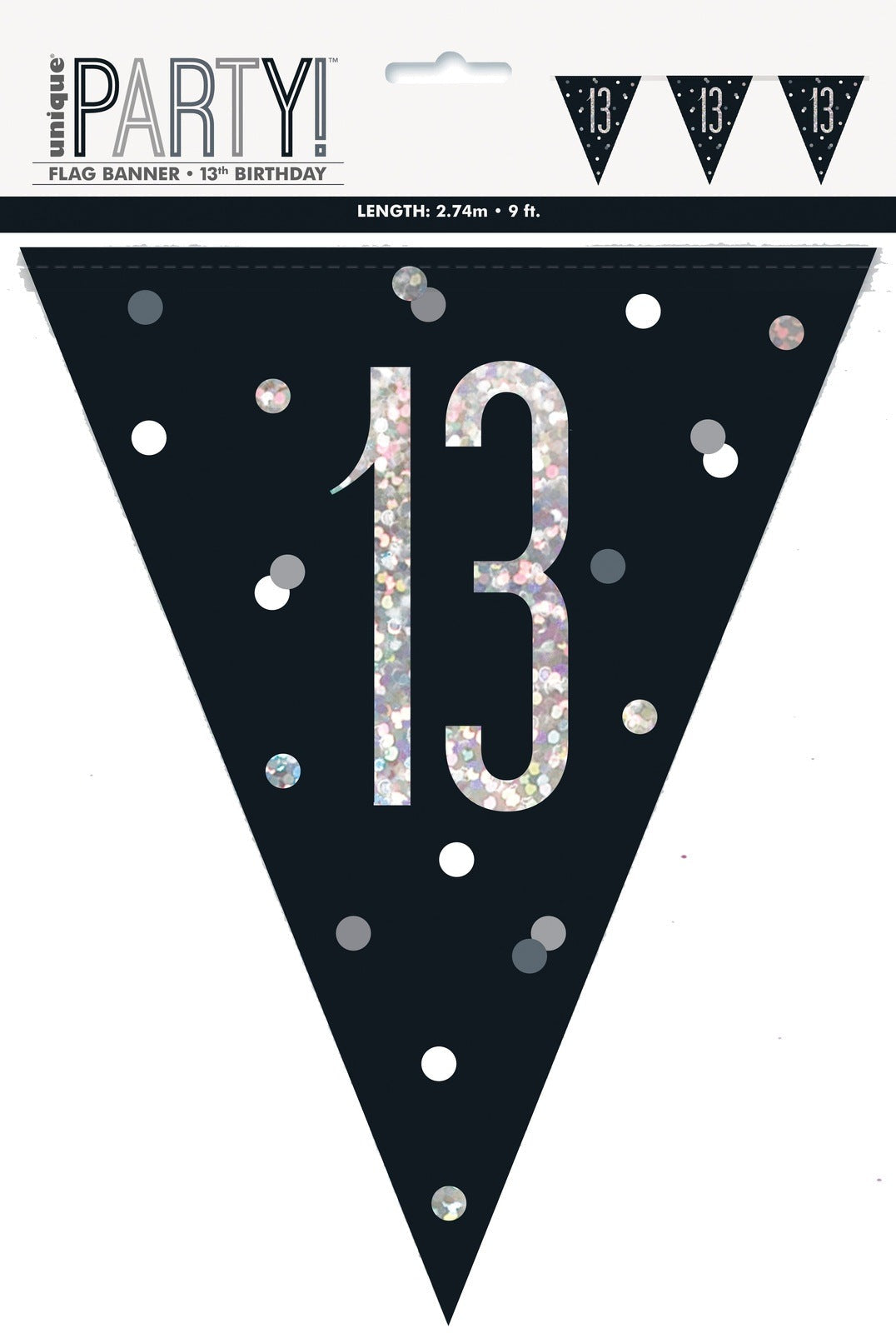 Age 13 Black & Silver Prismatic Plastic Flag Banner Bunting 13th