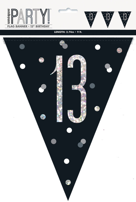 Age 13 Black & Silver Prismatic Plastic Flag Banner Bunting 13th